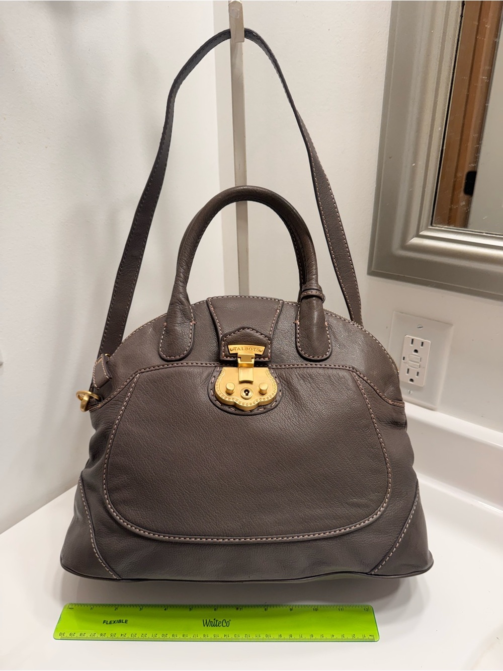Talbots Gray Leather Dome Satchel Handbag w/ Gold Hardware